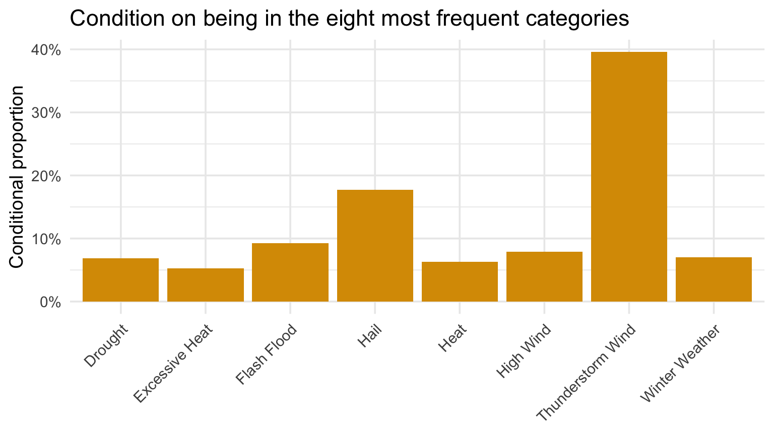 Bar chart of the proportions of common NOAA event types.