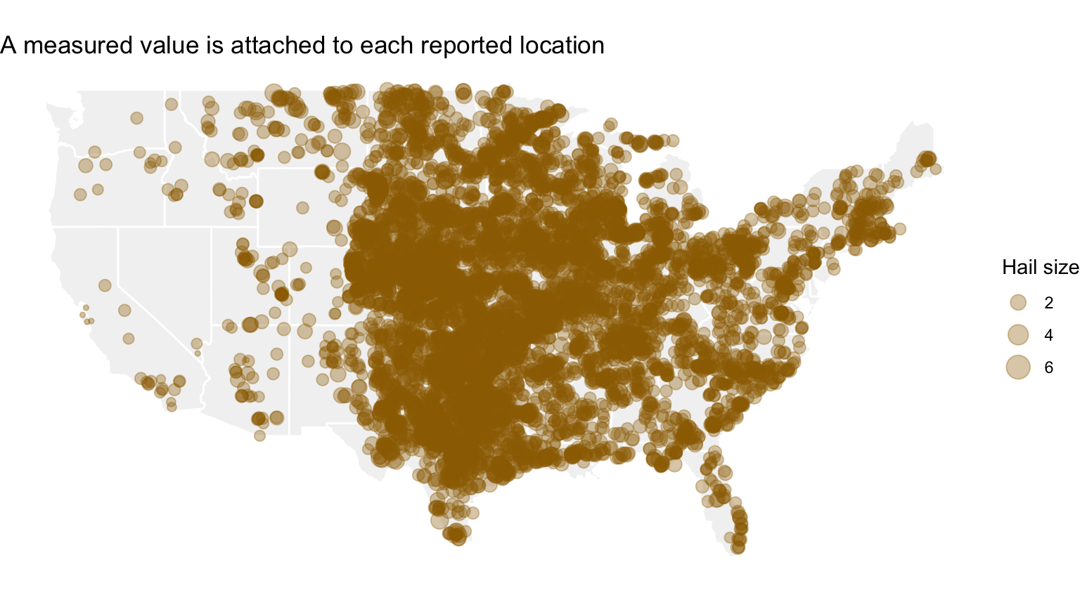 Map of reported hail magnitudes at NOAA event locations.
