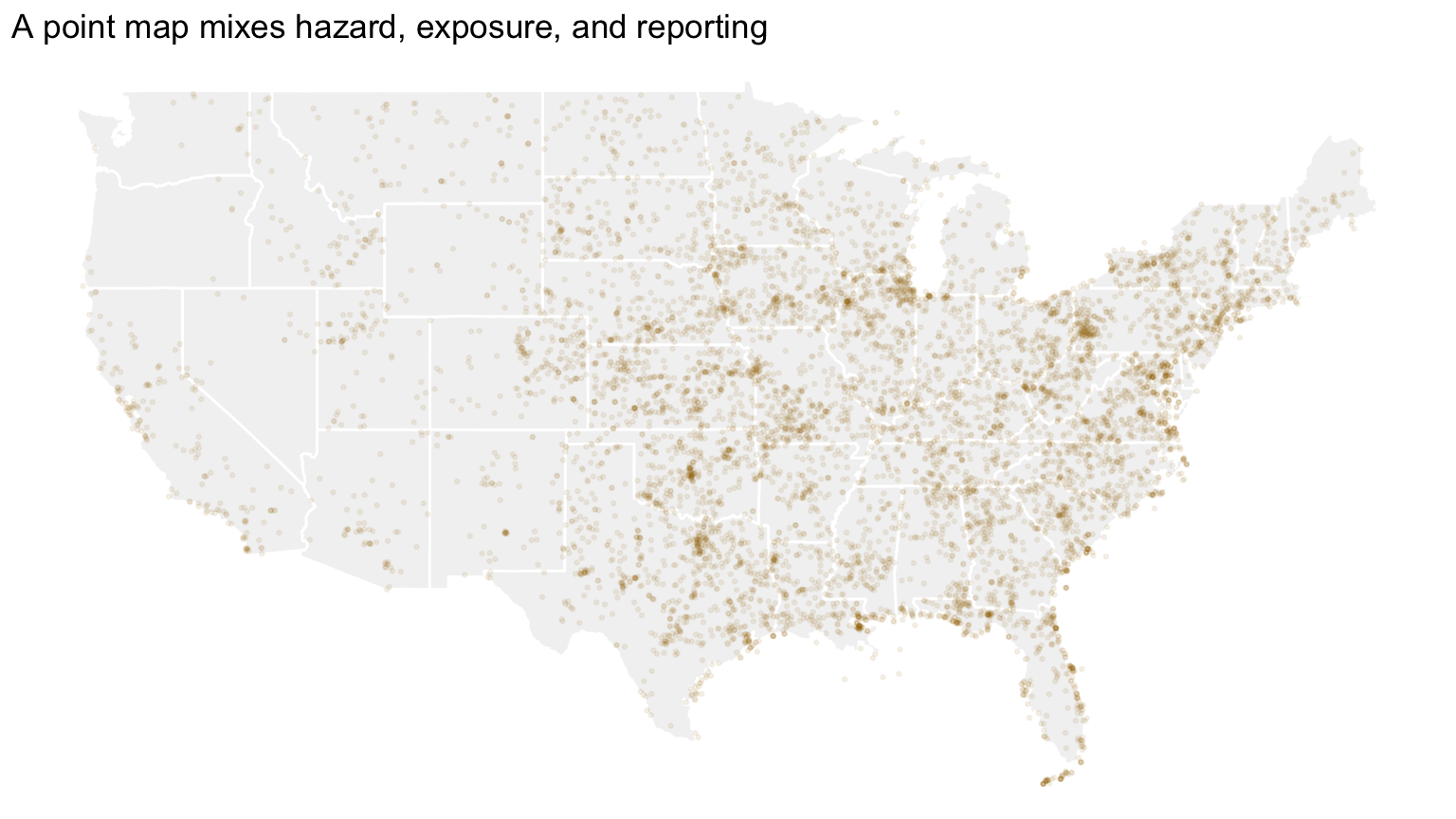 Map of a sample of geocoded NOAA event records in the contiguous United States.