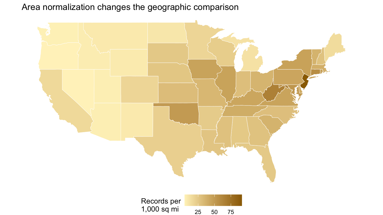 Choropleth map of NOAA event records per thousand square miles.
