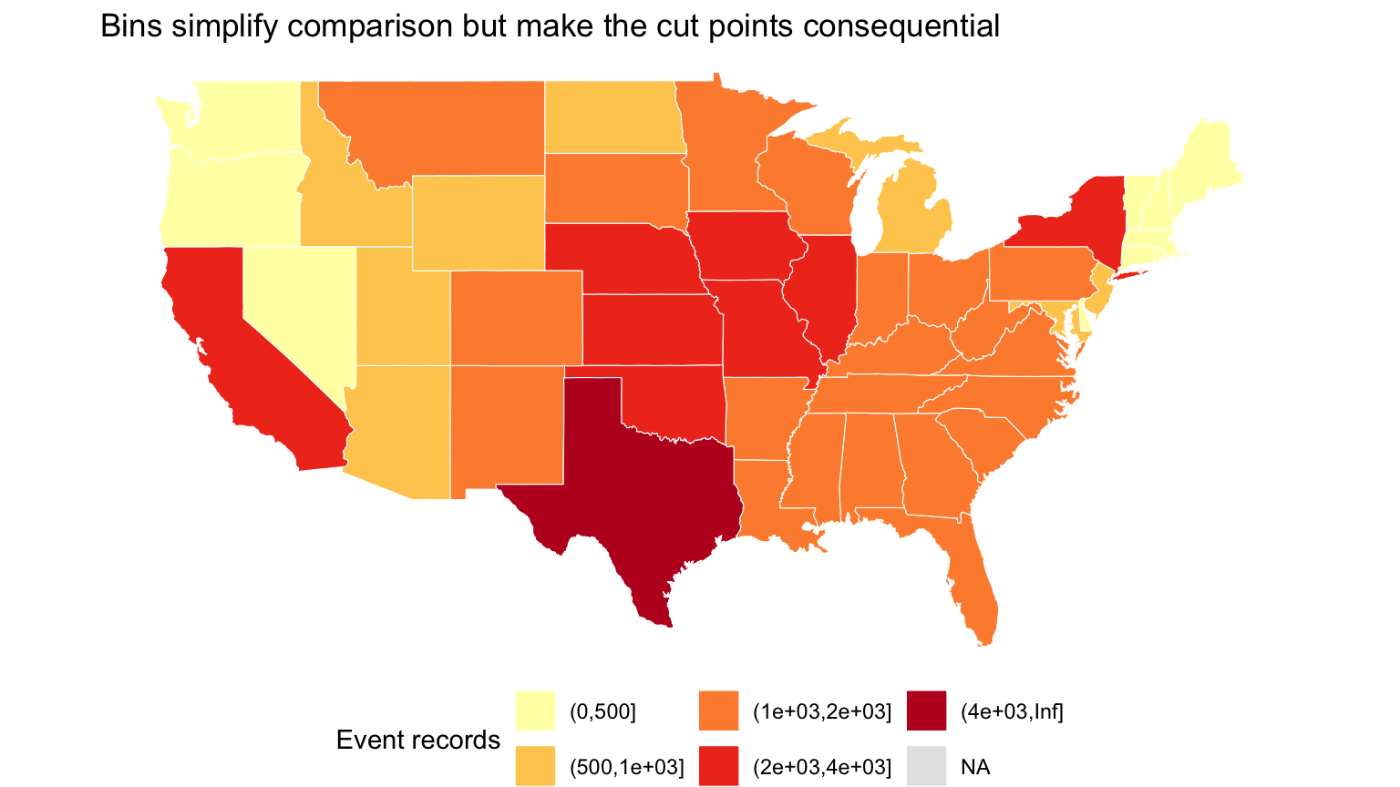 Binned choropleth map of NOAA event-record totals.