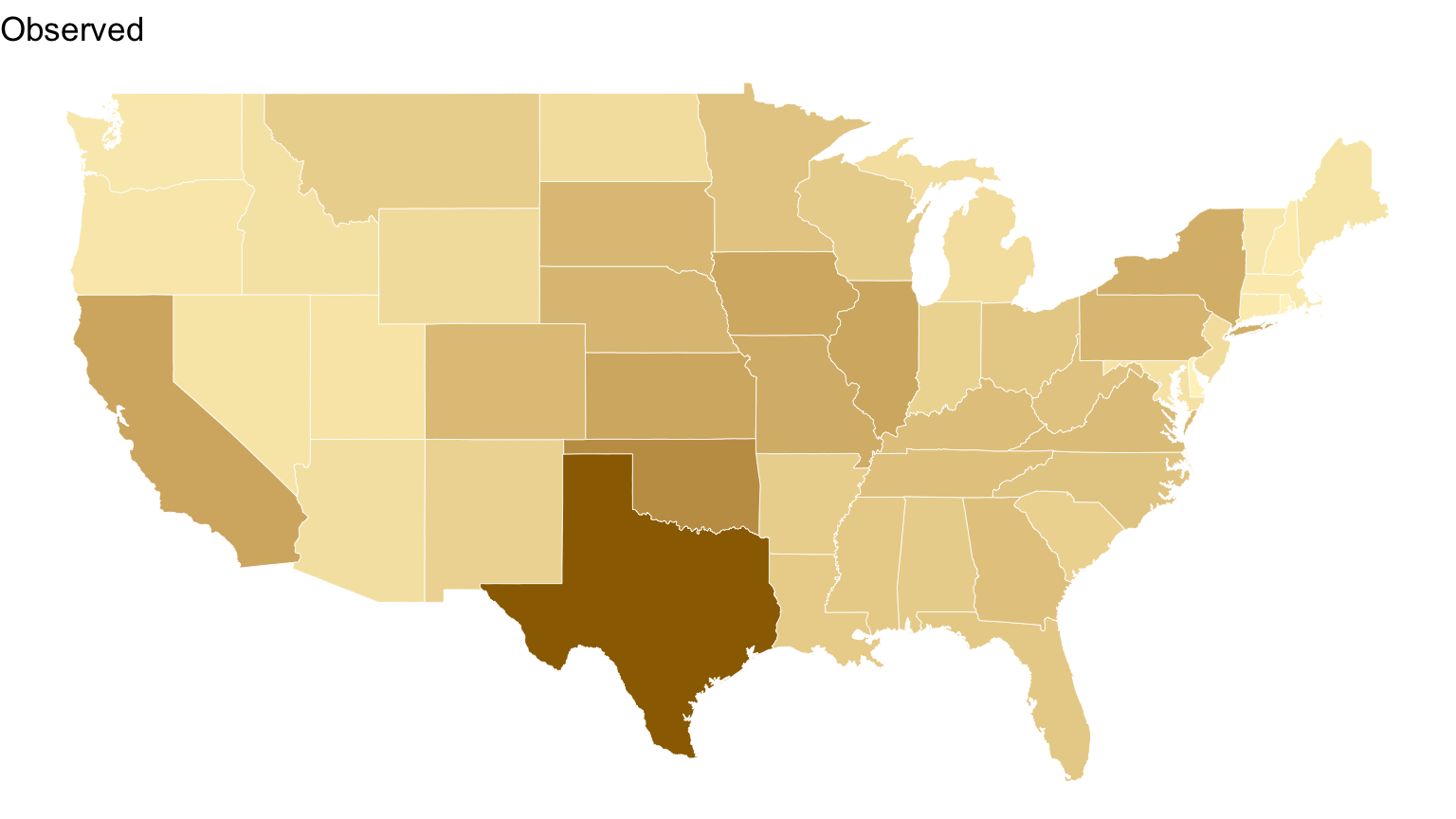 Maps comparing observed state totals with randomly reassigned totals.