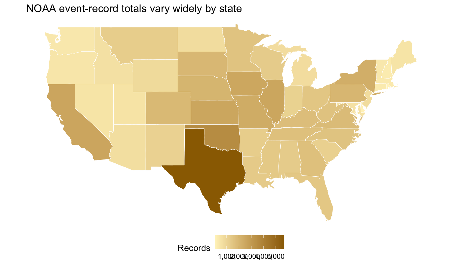 Choropleth map of NOAA event record counts by state.